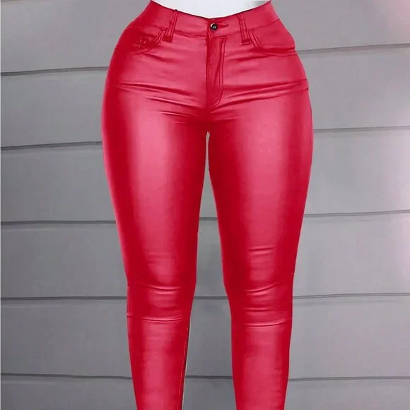 Red Casual Women's Plus Size High Waist Faux Leather Pants